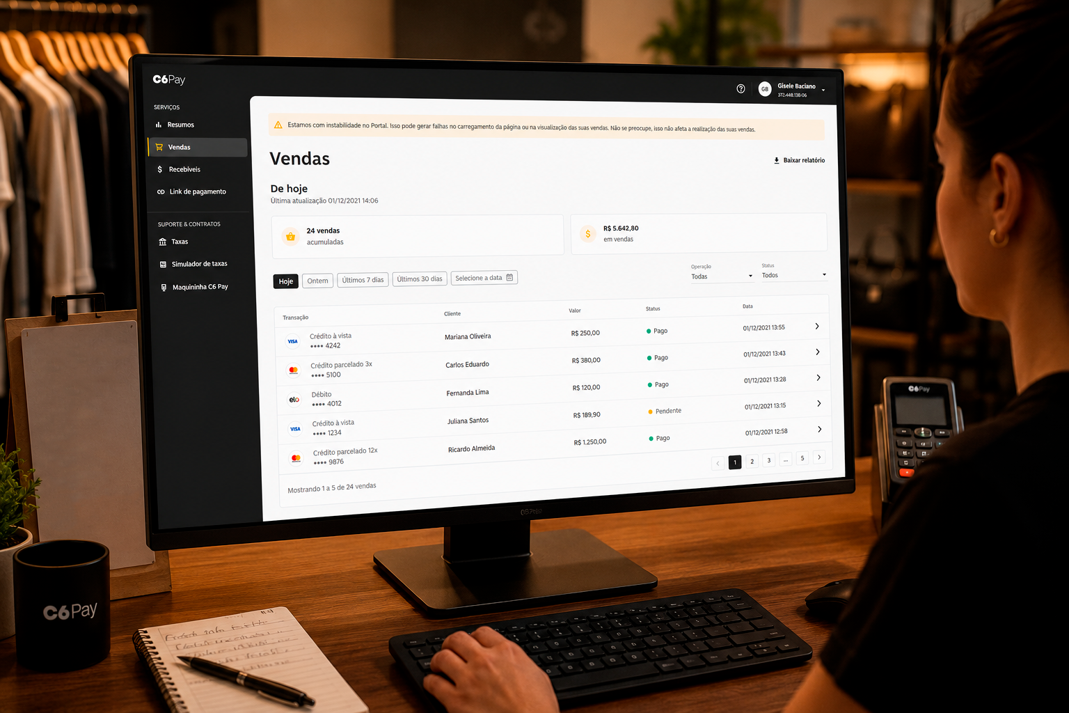Merchant consulting the redesigned C6 Pay portal Sales screen, with quick filters by period, operation, and status to streamline the cash close