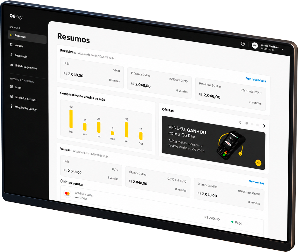 New C6 Pay portal interface in perspective, displaying the financial management dashboard for merchants